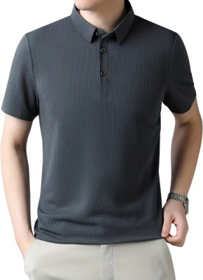 POSHAX Self Design Men Polo Neck Black T-Shirt