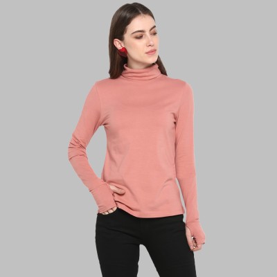 METRONAUT Solid Women Turtle Neck Pink T-Shirt