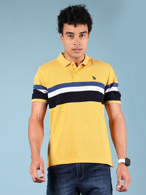 V-MART Striped Men Polo Neck Yellow T-Shirt