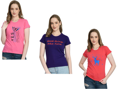 IndiWeaves Printed Women Round Neck Pink, Purple, Orange T-Shirt