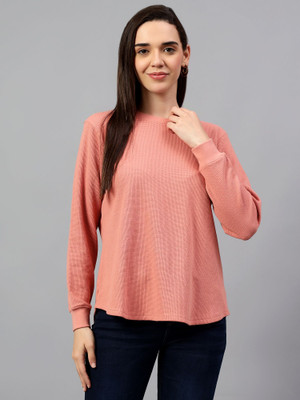 CANTABIL Striped Women Round Neck Pink T-Shirt