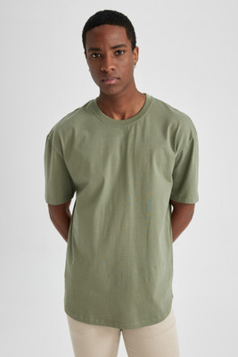 defacto Solid Men Round Neck Green T-Shirt