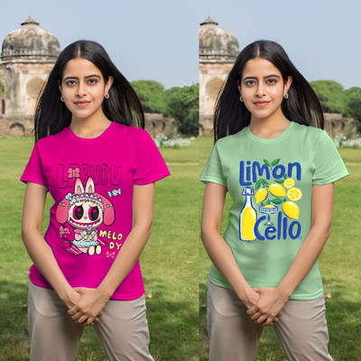 Parona Printed Women Round Neck Pink, Green T-Shirt