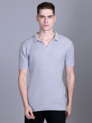 DZANT Self Design Men Polo Neck Grey T-Shirt