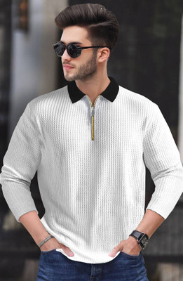 Conway Self Design Men Zip Neck White T-Shirt
