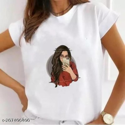 GLITO Graphic Print Women Round Neck White T-Shirt