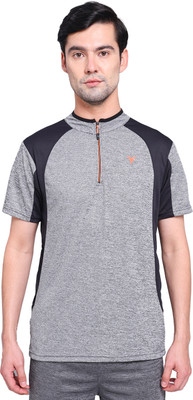 TECHNOSPORT Solid Men Mandarin Collar Grey T-Shirt