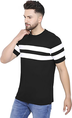 SriSaras Striped Men Round Neck Black T-Shirt