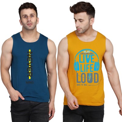 SLOWLORIS Printed Men Scoop Neck Yellow, White, Dark Blue T-Shirt