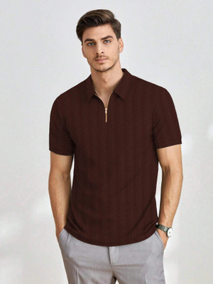 TEMUK Self Design Men Polo Neck Brown T-Shirt