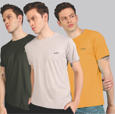 M7 Solid Men Round Neck Dark Green, Yellow, Beige T-Shirt