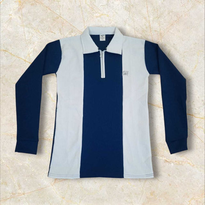 Anju Self Design Men Zip Neck Reversible Blue, White T-Shirt