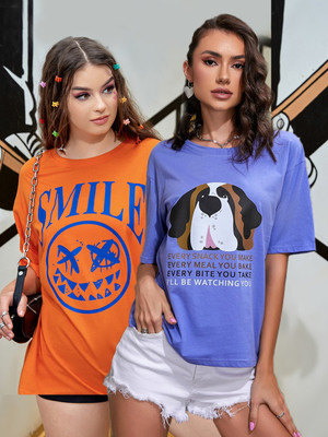 Christy World Printed Women Round Neck Orange, Blue T-Shirt