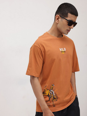 Roadster Printed Men Round Neck Brown T-Shirt