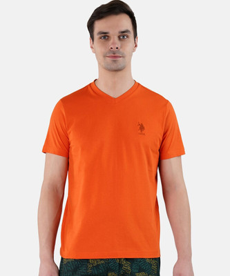 U.S. POLO ASSN. Solid Men V Neck Orange T-Shirt