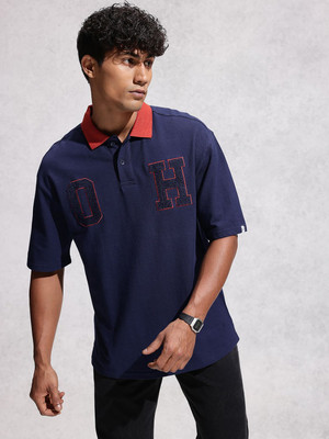 WROGN Embroidered Men Polo Neck Blue T-Shirt