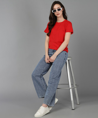 Adyavastram Solid Women Round Neck Red T-Shirt