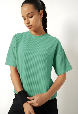 SOLSTICE Striped Women Round Neck Light Green T-Shirt