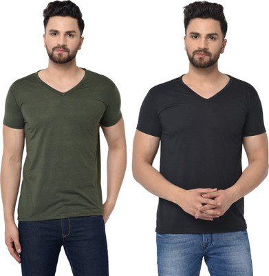 Tresna Trending Solid Men V Neck Dark Green, Black T-Shirt