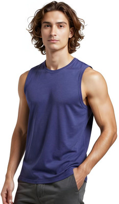 Glitchez Solid Men Round Neck Blue T-Shirt