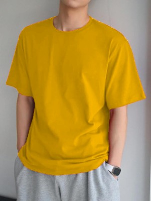 LWEXS Solid Men Round Neck Yellow T-Shirt