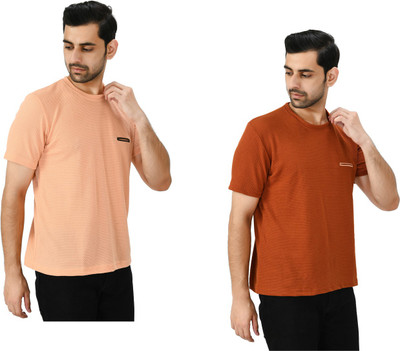 IndiWeaves Solid Men Round Neck Pink, Orange T-Shirt