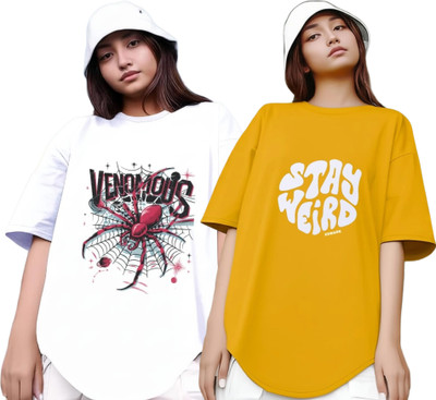R S Fashion Printed Women Round Neck White, Yellow T-Shirt