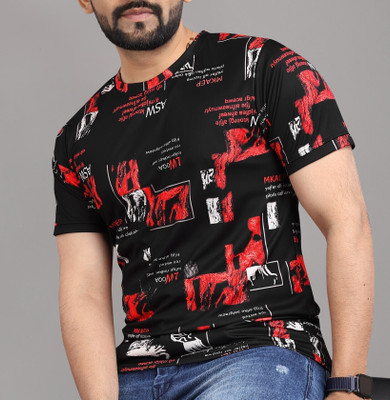 HouseOfCommon Printed Men Round Neck Red, Black T-Shirt