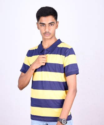 J&JP Striped Men Polo Neck Yellow, Blue T-Shirt