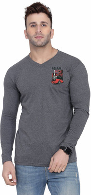 tfurnish Printed Men V Neck Grey T-Shirt