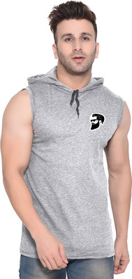 GEUM Printed Men Hooded Neck Grey T-Shirt