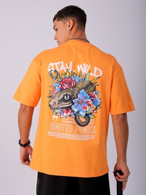 The Indian Garage Co. Printed Men Crew Neck Orange T-Shirt