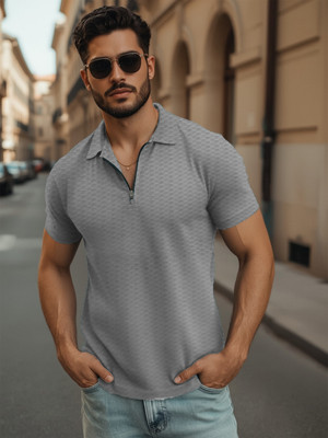 JUST ROAR Solid Men Polo Neck Grey T-Shirt