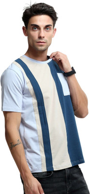 Estilocus Colorblock Men Round Neck Blue T-Shirt