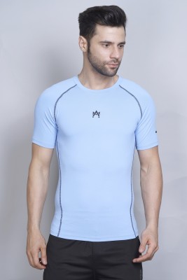 AMAN Self Design Men Round Neck Light Blue T-Shirt