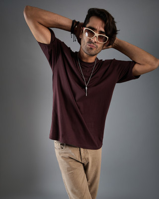 Chimpaaanzee Solid Men Round Neck Brown T-Shirt