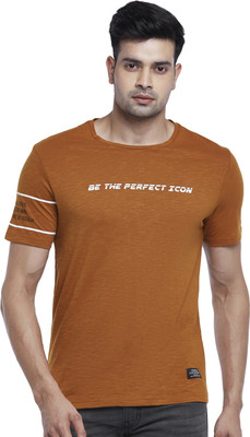 PEOPLE Typography Men Round Neck Brown T-Shirt
