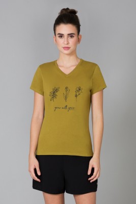 VAN HEUSEN Printed Women V Neck Green T-Shirt