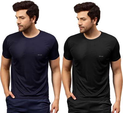 UDI n ADI Solid Men Round Neck Dark Blue, Black T-Shirt