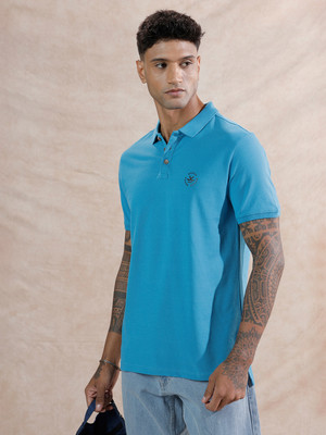 WROGN Solid Men Polo Neck Blue T-Shirt