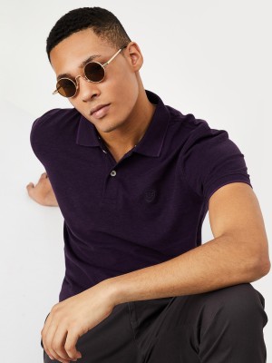 MAX Solid Men Polo Neck Purple T-Shirt