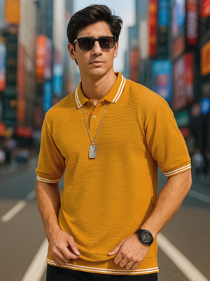 MANIAC Solid Men Polo Neck Yellow T-Shirt