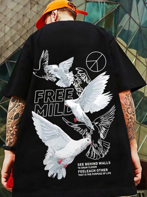 LEWEL Printed, Typography Men Round Neck Black T-Shirt