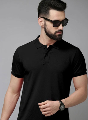 Printcomet Solid Men Polo Neck Black T-Shirt