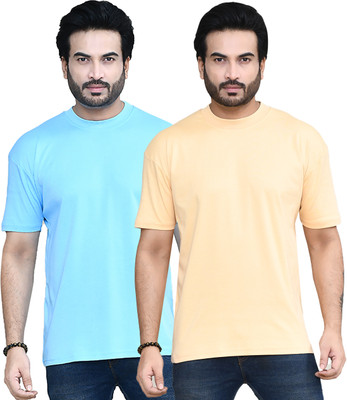 altius Solid Men Round Neck Light Blue, Beige T-Shirt