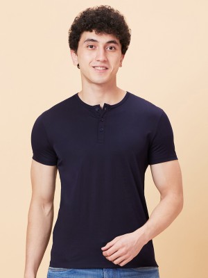 BEING HUMAN Solid Men Henley Neck Blue T-Shirt