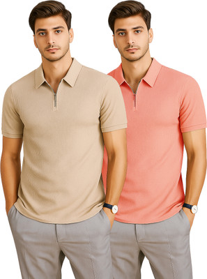 R ROCKIN TEES Self Design Men Zip Neck Beige, Orange T-Shirt