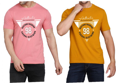 WOOSTRO Printed Men Round Neck Pink, Yellow T-Shirt
