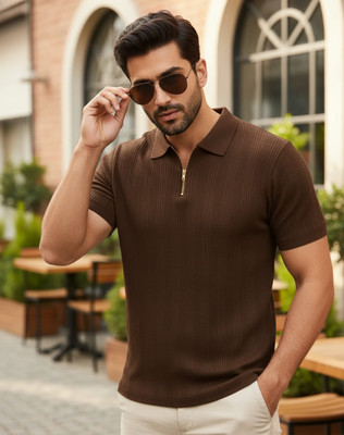 RUPRA Self Design Men Polo Neck Brown T-Shirt