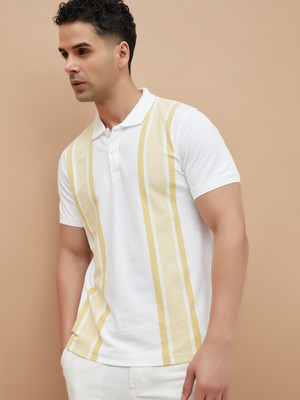 CODE by Lifestyle Striped Men Polo Neck White T-Shirt